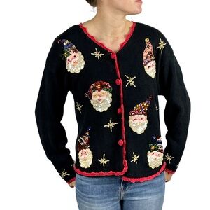 WORK IN PROGRESS VINTAGE 90S HOLIDAY XMAS SANTA CROCHET TRIM CARDIGAN SWEATER